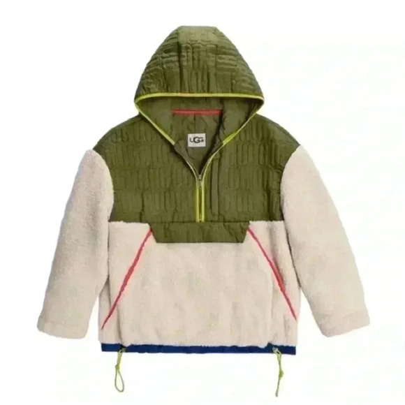 Ugg Iggy sherpa half zip pullover large green cream pockets hooded fur kangaroo - Picture 2 of 16